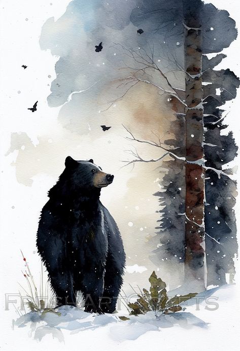 Whimsical Bear Art, Watercolor Bear Paintings, Art With Branches, Black Bear Pictures, Winter Watercolor Paintings, Bear Acrylic Painting, Black Bear Painting, Christmas Art Painting, Small Watercolor Paintings