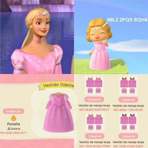 Acnh Swan Lake, Barbie Animal Crossing Code, Animal Crossing Disney Outfits, Acnh Barbie Outfit, Acnh Barbie Dress, Animal Crossing Barbie Dress, Acnh Barbie Designs, Barbie Acnh Codes, Animal Crossing Barbie