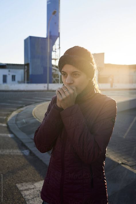 Female runner with cold hands in freezing morning running in industrail zone. Cold Pose, Female Runner, Cold Morning, Morning Running, Cold Hands, Model Release, Human Figure, Us Images, School Outfits