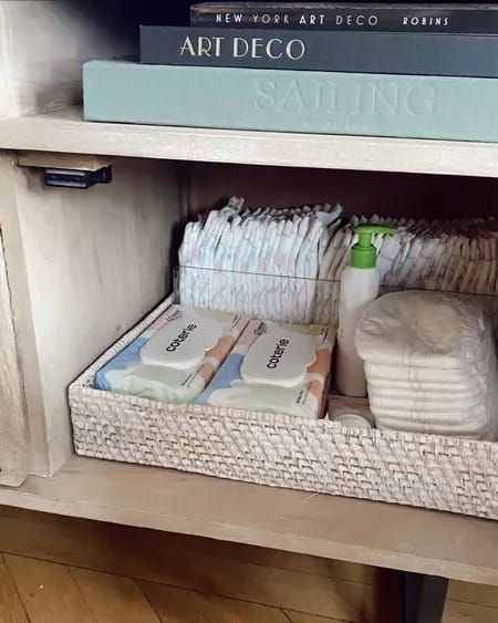 Nursery Blanket Storage, Nursery Storage Ideas, Acrylic Nursery, Baby Dresser Organization, Nursery Room Diy, Antique Nursery, Pretty In The Pines, Traditional Nursery, Diaper Storage