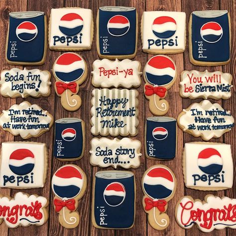 Debbie Pantaleone on Instagram: “Soda story ends .... happy retirement Mike!#pepsi #cookies #cookiedecorating #retirement #party #celebration #sugarcookies #instaart…” Pepsi Theme Party, Pepsi Birthday Party Ideas, Pepsi Party, Retirement Party Themes, Coca Cola Mini, 60th Bday, Treat Ideas, Pepsi Cola, Happy Retirement