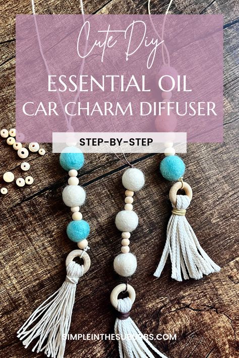 Picture of 3 car charm essential oil diffusers on wood table Car Scent Diy Essential Oils, Felt Diffuser Diy, Macrame Oil Diffuser Car, Homemade Car Diffuser, Wood Bead Diffuser, Macrame Car Defuser, Airfreshners For Car Diy, Scented Car Fresheners Diy, How To Make Clay Car Diffusers