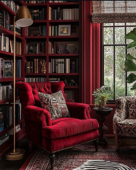 Red Library, Red Bookshelf, Bookshelves Living Room, Academia House, Dark Academia Interior, Bookshelf Aesthetic, Library Aesthetic, Dream House Interior, Dream Room