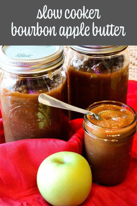 This bourbon apple butter is simmered in bourbon then slow cooked in a crockpot to develop deep, rich flavors and a thick buttery texture. Delicious on toast, a tasty filling for puffed pastry, and it freezes well for later. #delicious #butter #apple #bourbon #breakfast Fireball Apple Butter, Apple Bourbon Jam, Apple Bourbon Butter, Bourbon Apple Butter Recipe, Crockpot Fruit Butter Recipes, Apple Butter Flavors, Applebutter Crockpot Recipes, Slow Cooker Pear Butter, Bourbon Apple Butter