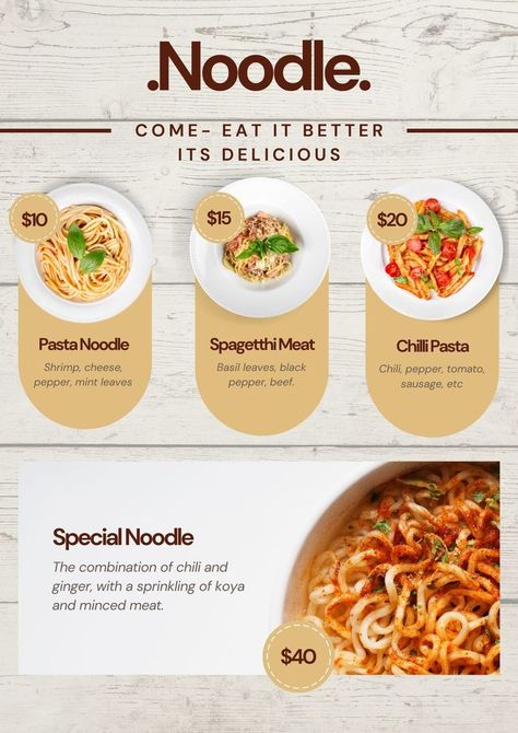 Professional design for a business, whether it’s a small start up or a large corporation. We create product ads, flyers and other branding materials that help engage your customers and boost sales. Pasta Menu Design, Pasta Design, Chilli Pasta, Pasta Menu, Pasta Restaurants, Product Ads, Restaurant Flyer, Font Combos, Minced Meat