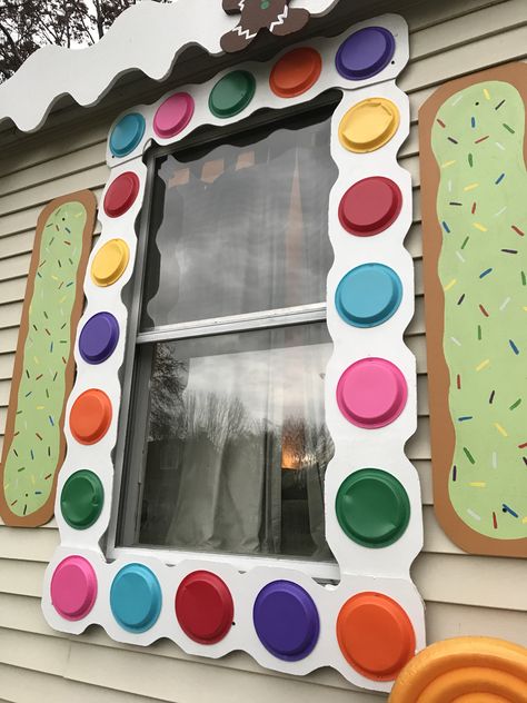 Christmas decoration gingerbread house diy cookie shutters, and frosting and candy window frame Gingerbread House Diy, Outside Christmas Decorations, Gingerbread Christmas Decor, Gingerbread House Decorations, Gingerbread Decorations, Candyland Birthday, Candy Theme, Christmas Yard Decorations, Diy Cookie