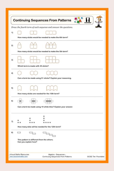 Continuing Sequences from Patterns Worksheet White Grey Tiles, Patterns Worksheet, 5th Grade Worksheets, Maths Worksheets, Pattern Worksheet, Math Puzzles, Diy Hair Accessories Ribbon, Year 7, Maths Puzzles