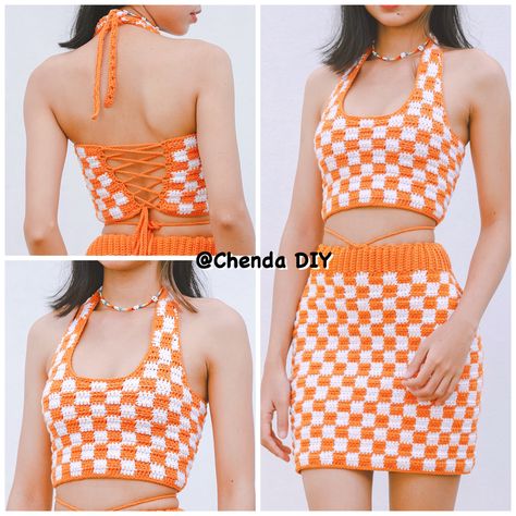 Blanket Crochet Ideas, Chenda Diy, Crop Top Tutorial, Temperature Blanket Crochet, Crochet Patchwork Blanket, Crochet Checkered, Checkered Crop Top, Easy Crochet Hat Patterns, Crochet Blouse Pattern