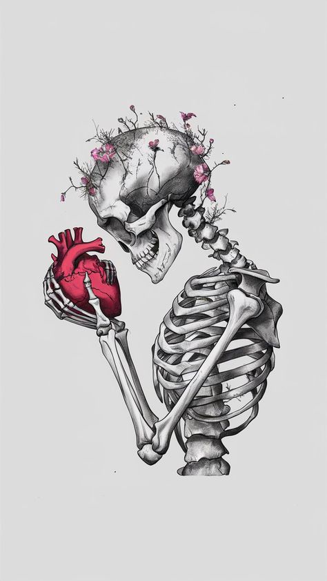 Bones Heart Tattoo, Aesthetic Bones Drawing, Mr Bones Skeleton, Skeleton Art With Flowers, X Ray Painting, Skeleton Flower Drawing, Black White Art Drawing, Female Skull Drawing, Grunge Heart Drawing