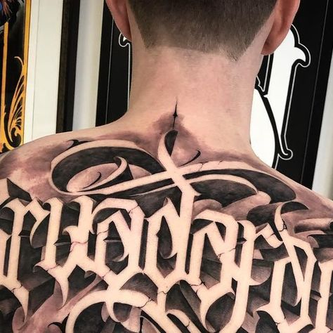 Back Lettering Tattoo Men, Last Name On Back Tattoo, Lettering Tattoo Men, Back Lettering Tattoo, 3d Lettering, Lettering Tattoo, Back Tattoos, Tattoo Lettering, Tattoo Fonts