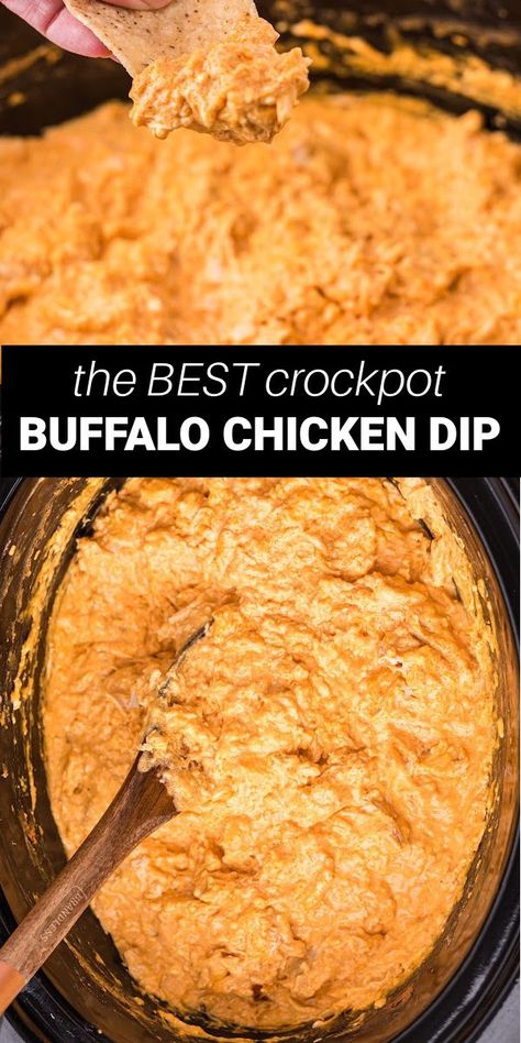 buffalo chicken dip in crockpot with a chip Buffalo Chicken Dip Crock Pot Sour Cream, Buffalo Chicken Dip Crock Pot Ranch Packet, Buffalo Chicken Dip Crock Pot No Ranch, Crockpot Recipes Buffalo Chicken Dip, Buffalo Chicken Dip Crock, Buffalo Wing Dip Crock Pot, Small Crockpot Buffalo Chicken Dip, Crockpot Chicken Dips For Parties, Buffalo Chicken Wing Dip Crockpot