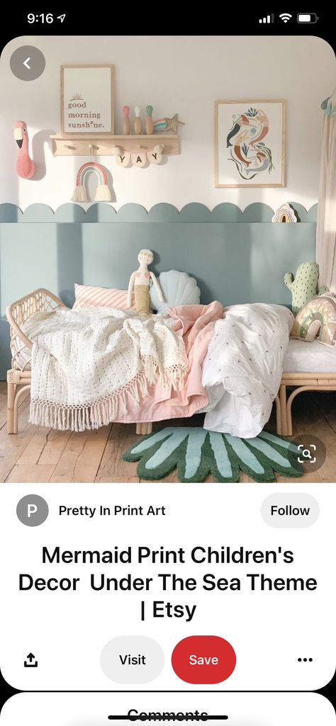 Girls Sea Themed Bedroom, Boho Mermaid Bedroom, Mermaid Theme Bedroom, Mermaid Girls Bedroom, Girls Beach Theme Bedroom, Penelope Bedroom, Sea Bedroom Ideas, Girls Room Bunk Beds, Under The Sea Bedroom