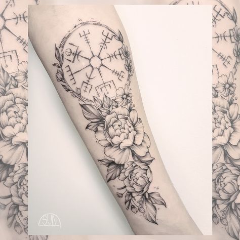 angélique on Instagram: “🌷Viking flowers🌷 . . . . . #tattoo #tattoos #tatts #tatuaje #tatouage #inkedgirl #fleurs #flowers #flowerstagram #flowertattoo…” Womans Viking Tattoo, Floral Viking Tattoo, Viking Tattoos Ideas For Woman, Nordic Tattoo For Women, Feminine Rune Tattoo, Viking Arm Tattoos For Women, Viking Tattoo Design For Women, Norse Flower Tattoo, Scandinavian Floral Tattoo