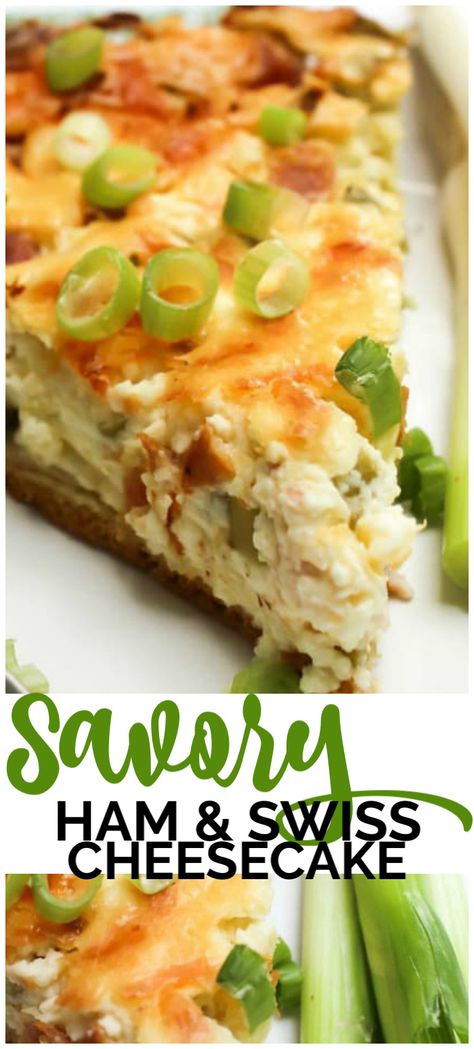 Savory Ham & Swiss Cheesecake takes your traditional cheesecake and adds a savory twist, making the best breakfast ever. It's like a rich, decadent quiche. Savoury Cheesecake Recipes, Pan Suisse, Savory Cheesecake Recipes, Savoury Cheesecake, Savory Cheesecakes, Springform Pan Recipes, Breakfast Cheesecake, Breakfast Brunch Menu, Traditional Cheesecake