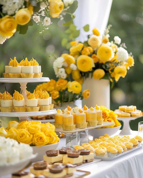 Portofino Theme Party, Lemon Themed Charcuterie Board, Yellow Themed Birthday Party Ideas, Bridal Shower Ideas Yellow, Lemon Dessert Table, Lemon Theme Desserts, Yellow Bridal Shower Theme, Bridal Shower Yellow, Lemon Bridal Shower Decor