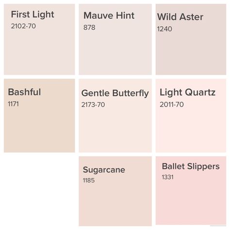 BM Pink Blushes Sugarcane Paint Color, Bm Sugarcane, Muddy Blush Paint Color, Bm Meadow Pink, Tan With Pink Undertones Paint, Light Pink Room Color, Benjamin Moore Soft Pink Paint Colors, Muted Pink Bedroom Walls, Wild Aster Benjamin Moore