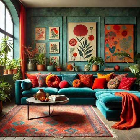 This vibrant and inviting living room features a luxurious teal velvet sectional sofa adorned with bright orange and red pillows in various textures and shapes, including round designs. A warm red throw blanket adds a cozy touch. The walls, painted in a deep greenish-blue tone, are adorned with colorful modern art and botanical prints. A patterned rug in red and orange hues complements the decor, while lush green plants add life and freshness. A rustic wooden coffee table holds books and decorative elements, completing the eclectic, cozy atmosphere with natural light streaming through large windows. Teal Sofa Orange Living Room, Cushion Layout Sofas, Blue Walls Orange Sofa, Colorful Lounge Room, Eclectic Botanical Decor, Living Room Maximalist Decor, Teal Maximalist Living Room, Orange Maximalist Living Room, Orange Blue Green Living Room