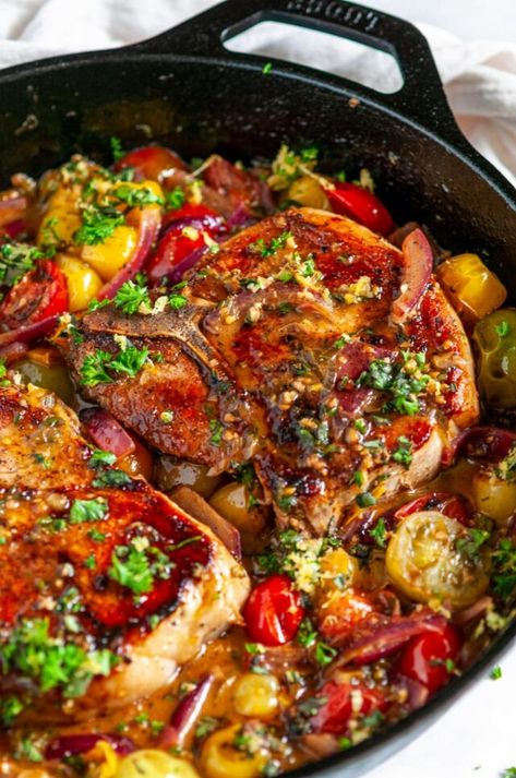 Skillet Balsamic Pork Chops with Tomatoes and Gremolata - Just 20 minutes and one pan is all takes to make this delicious pork chop dish with cherry tomatoes, fresh gremolata and a buttery pan sauce. Gluten free! From aberdeenskitchen.com #skillet #balsamic #tomato #porkchops #gremolata #onepot #onepan #dinner #entree #easter #maincourse #recipe Pork Chop Tomato Recipe, Pork Chops With Tomatoes, Current Recipes, Balsamic Pork Chops, Pork Chop Dishes, Lamb Sauce, Budget Dinners, Dinner Meat, Mosaic Kitchen