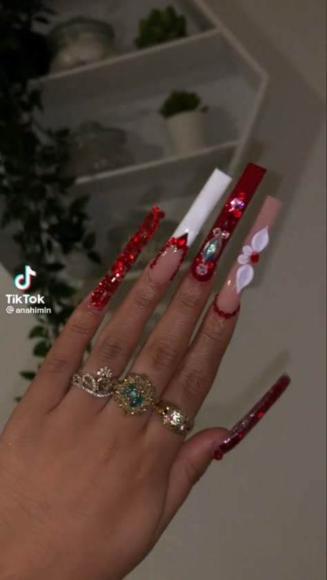 Xl Long Acrylic Nails Square Red, Baddie Nails Designs Long, Xl Long Acrylic Nails Birthday, Long Acrylic Nail Designs Red, Square Xl Acrylic Nails, Red Xl Nails, Long Red Acrylic Nails Design, Extra Long Nail Ideas, Long Acrylic Nails Red