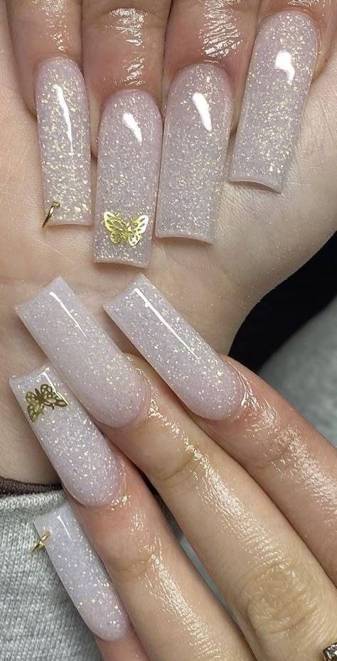 Pink Sparkly Acrylic Nails Square, Long Square Sparkly Nails, White Coffin Acrylic Nails With Glitter, White Base Acrylic Nails, Square Acrylic Nails Glitter, Prom Nails Acrylic Square, Sparkly White Acrylic Nails, Glitter Square Acrylic Nails, Long Glitter Acrylic Nails