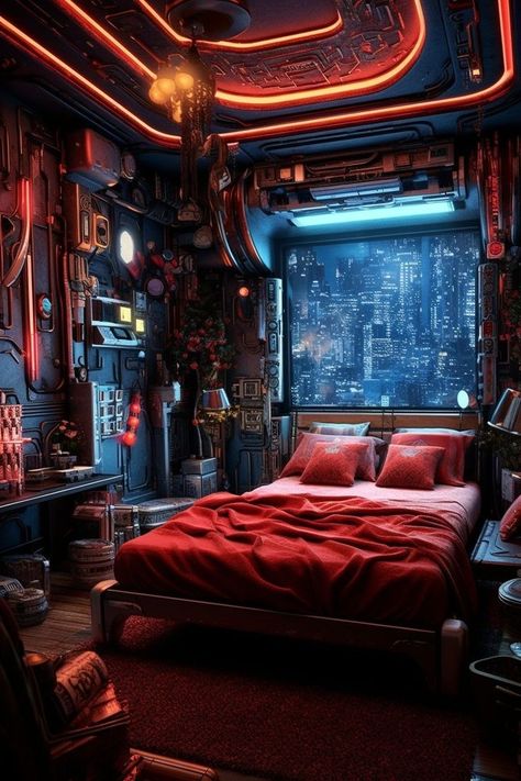 Scifi Bedroom, Cyberpunk Room Ideas, Cyberpunk Interior Design, Futuristic Rooms, Cyberpunk Bedroom, Cyberpunk House, Futuristic Apartment, Cyberpunk Apartment, Cyberpunk Interior