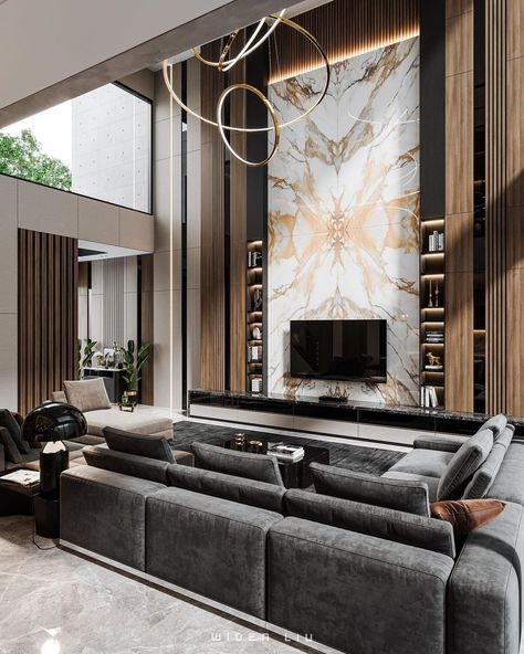 Ruang Tv Modern, High Ceiling Living Room Modern, Diy Home Decor Fall, Living Room Designs Modern Luxury, Double Height Living Room, Living Room Designs Modern, Ruang Tv, Modern Luxury Living Room, High Ceiling Living Room