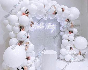 SweetlyLifeBoutique on Etsy Birthday Thoughts, Balloons And Flowers, White Balloon Garland, White Party Decorations, Parties Decorations, Corporate Dinner, Idee Babyshower, Luxe Decor, 21st Birthday Decorations