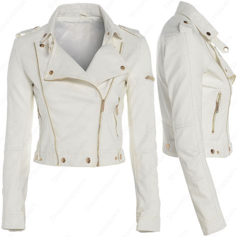 Size 8 10 12 NEW Womens BIKER JACKET Crop FAUX LEATHER Ladies ZIP White Coat Jacket Crop, Celebrities Leather Jacket, Jacket Outfit Women, White Leather Jacket, Womens Biker Jacket, Leather Jacket Outfits, Real Leather Jacket, White Coat, Lady Biker