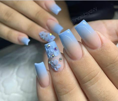 Teal Nail Ideas, Quinceanera Nails, Square Nail Designs, Ombre Nail Designs, Blue Acrylic Nails, Nails Design With Rhinestones, Work Nails, Pretty Nail Art Designs, Short Square Acrylic Nails