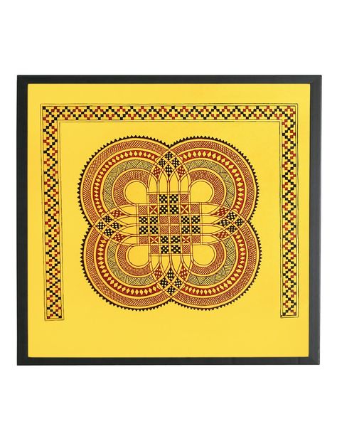 Buy Light Yellow Red Tiruge Mane Chittara With Border Painting 13.6in x Hand Made Paper Art Decorative Folk Charms Painted from Karnataka Online at Jaypore.com Chittara Painting, Chittara Art, Bheenth Chitra, Border Painting, Craft Drawing, Fork Art, Alpona Design, Warli Art, Indian Arts