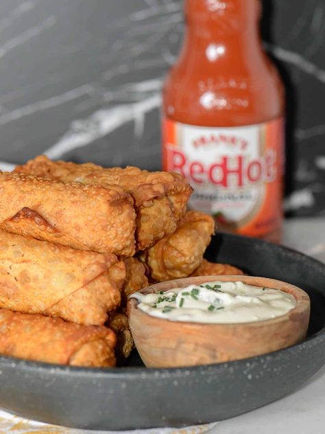 Buffalo Chicken Egg Rolls - Foodology Geek Buffalo Chicken Dip Egg Rolls, Buffalo Chicken Egg Rolls Fried, Buffalo Egg Rolls, Franks Buffalo Chicken, Buffalo Chicken Eggrolls, Egg Roll Sauce, Frozen Egg Rolls, Buffalo Chicken Egg Rolls, Super Bowl Snack