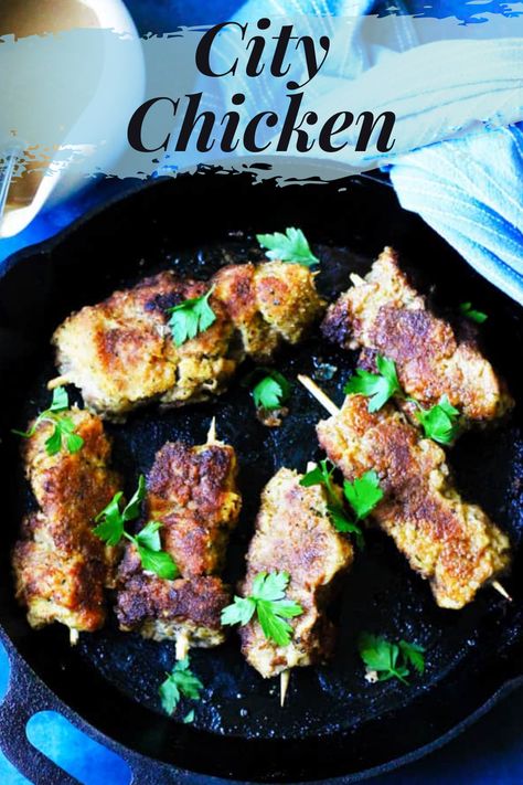 City Chicken (aka, Fake Chicken) is a traditional Polish-American dish that is beloved by many. The most curious thing about this dish is that it doesn't actually contain any chicken. Rather, your featured protein here is actually pork and/or veal #chicken #chickenrecipe #polishamericandish #dinner #maindish Eating European, Fake Chicken, Veal Milanese, Brown Sugar Pork Chops, City Chicken, Easter Dishes, Polish Food, Homemade Gravy, American Dishes