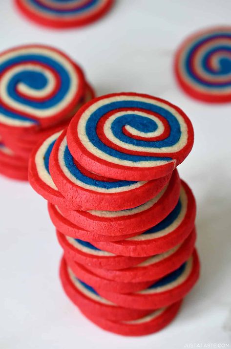 Red, White and Blue Pinwheel Icebox Cookies are the ultimate patriotic dessert! They’re soft, chewy and made with basic pantry ingredients. Add this easy cookie recipe to your 4th of July desserts menu! justataste.com #redwhiteandbluedesserts #4thofjulydesserts #4thofjulycookies #patrioticdesserts #4thofjulyfood #cookies #justatasterecipes Easy Sugar Cookie Dough, Pinwheel Sugar Cookies, Pinwheel Cookies Recipe, 4th Of July Cookies, Memorial Day Desserts, Patriotic Cookies, Icebox Cookies, Cookies Holiday, Pinwheel Cookies