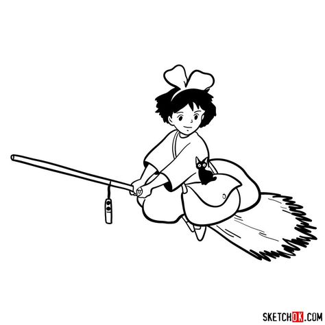 Kiki Flying On Broom, Kiki's Delivery Service Flying, Studio Ghibli Drawings Easy, Kiki's Delivery Service Drawing, Kiki Flying, Kiki Tattoo, Kiki's Delivery Service Tattoo, Studio Ghibli Tattoo, Easy Drawing Guides