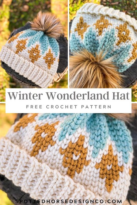 Crochet, winter, hat, free pattern Crochet Mountain Hat, Mosaic Beanie Crochet, Tapestry Crochet Hat Patterns Free, Crochet Fair Isle Hat, Tapestry Crochet Beanie, Winter Crochet Beanie, Crochet Faux Fur Patterns, Fair Isle Crochet Hat, Diy Crochet Beanie