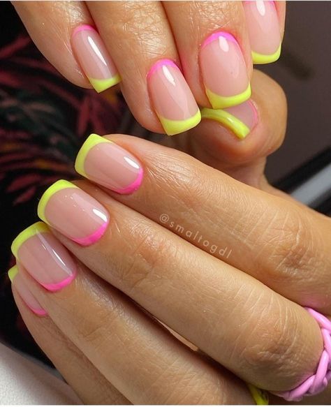 Neon French Pedicure, Neon French Tips, Neon French Manicure, French Tips Nails, Summer Nails Neon, June Nails, Chrome French, Nails For Summer, Emerald Nails