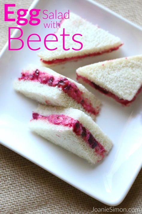 Pink Egg Salad with Beets - easy all-natural tea sandwich recipe Pink Tea Sandwiches, Beet Tea Sandwiches, Beet Egg Salad, Salad With Beets, Pink Salad, Pink Eggs, Sweet Relish, High Tea Food, Tea Sandwich