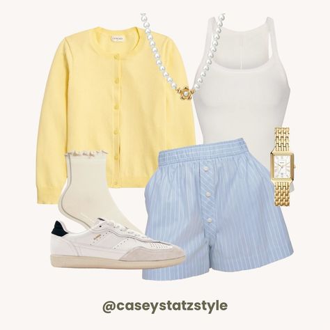 3x cardigan outfits #springoutfits #cardiganoutfit #dailyoutfitinspo #styleinspo #springfashion #outfitideas Yellow Cardigan Outfit, Yellow Cardigan Outfits, Yellow Cardigan, Cardigan Outfits, Boxer Shorts, White Tank, White Tank Top, White Sneakers, Daily Outfits