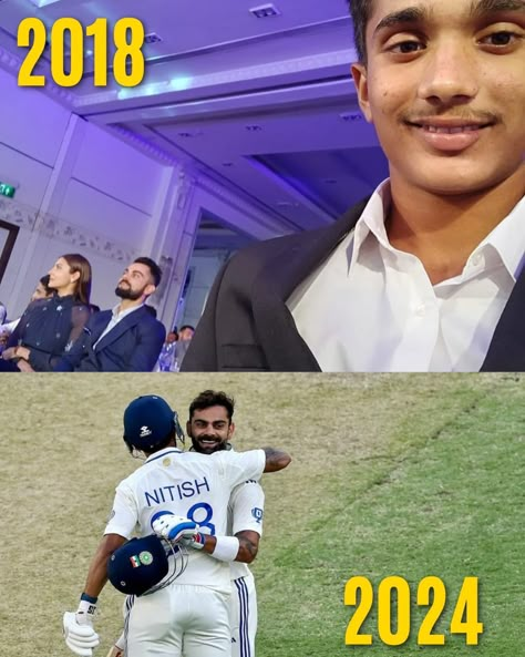 2018 - **Nitish Kumar Reddy** ek fan ke taur par Virat Kohli ke saath ek frame lene ki koshish kar rahe the. 2024 - **Nitish Kumar Reddy** ne "King" ke 81ve shatak ka celebration unke sath crease par khade hokar kiya. Nitesh Kumar Reddy, Nitish Kumar Reddy, Nitish Reddy, Virat Kohli Portrait Photography, Cricket Books, Cricket Quotes, Nitish Kumar, Cartoon Songs, India Cricket Team