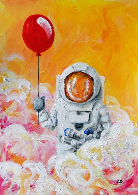 Drawing Ideas 2023, Painting Drawing Ideas, Balloon Painting, Easy Acrylic Painting, Astronaut Art, Soyut Sanat Tabloları, Small Canvas Art, Red Balloon, Art Inspiration Painting