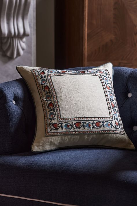 A layer of luxury for your living space, this Suzani cushion uplifts any setting. Crafted with an intricately embroidered floral design, this stunning piece is inspired by antique textile methods which  hail from Uzbekistan. Made from premium cotton slub, the gorgeous hues add a timeless and serene  feel to your space. Main 100% Cotton. Lining 100% Polyester. Blue Hallway Ideas, Manor Entrance, Embroidery On Pillow, Cushion Arrangement, Bed Setting, Embroidery Cushion, Product Styling, Nina Campbell, College Room