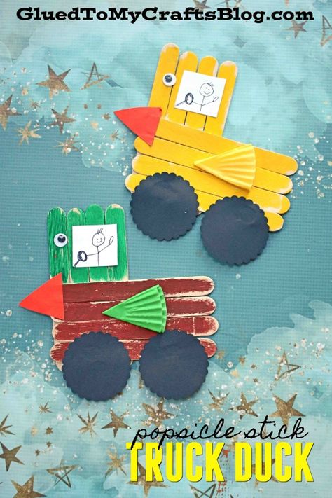 Popsicle Stick Duck Trucks - Kid Craft Idea Ducks Craft, Truck Activities, Nanny Activities, Dinosaur Activities Preschool, Popsicle Art, Duck Crafts, Truck Crafts, Storytime Crafts, Farm Animal Crafts