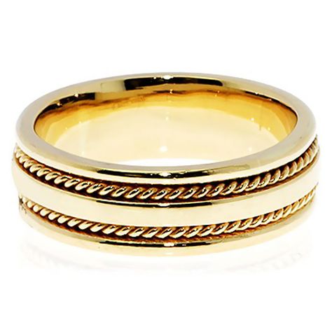 7 mm gold wedding band with two rope accents within and to the side of a center plain band, in a comfort fit and a high polish finish. Handcrafted in your choice of 14k Gold or 18k Gold setting. We also offer a 1-Year Layaway program. You can reach us at 1-888-967-5353 to speak to one of our jewelry specialist. Plain Bands, Detailed Ring, Gold Wedding Band, To Speak, Gold Wedding, Wedding Band, Solid Gold, 1 Year, Wedding Bands