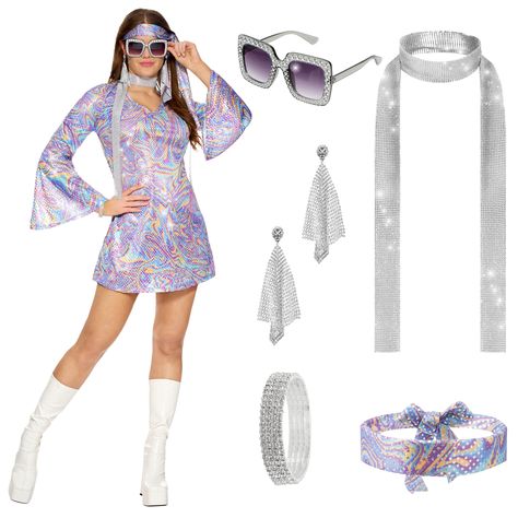 PRICES MAY VARY. Set Includes: This womens Halloween costumes 70s costume disco outfit includes a purple disco sensation 70's dress, a matching headwear, a pair of glasses, a pair of earrings, a bracelet and a scarf. Get ready to boogie and groove on the dance floor with this retro-inspired costume. Quality Material: Crafted from 100% polyester, our 70s outfit for women party costume, 70s disco costume woman with a sparkly gogo dress and 70s accessories is durable, ultra-soft, and comfortable to Groovy Disco Party Outfit, Hippy Halloween Costumes For Women, Disco Style Outfits, Cute Adult Halloween Costumes, Decades Costume Ideas, 70s Costume Ideas For Women, 70s Gogo Dancer, 70s Party Outfits Women, Halloween Costumes 70s