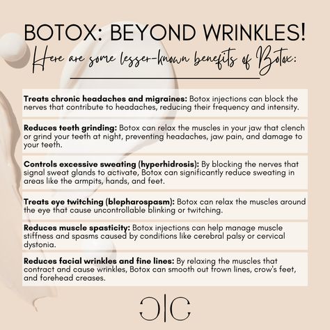 Botox has a surprising number of uses beyond just wrinkle reduction! Here are some lesser-known benefits of Botox   #waterlooontario #waterloolocal #waterloobusiness #ontariobusiness  #botox #botoxinjections #dysport #antiaging #wrinklereduction #toxinfree  #cosmeticinjections #medicalaesthetics #naturallookingresults #boostconfidence #finelinesandwrinkles #smoothskin #preventivebotox Dysport Vs Botox Units, Botox Benefits, Botox Units, Eye Twitching, Jaw Pain, Headache Prevention, Cosmetic Injectables, Ultrasonic Cavitation, Botox Injections