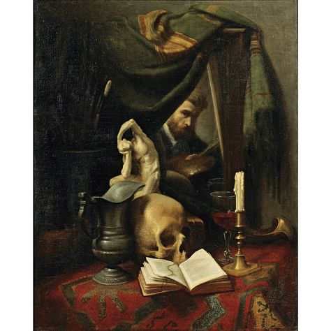 Gustave-Victor Cousin - vanity and selfportrait (1836-94) Cezanne Still Life, Collections Of Objects, Skull Painting, A Skull, Painting Studio, Male Portrait, Old Master, Memento Mori, Still Life Painting