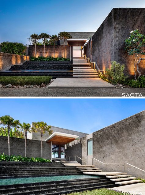 Bali Villa Architecture, Contemporary Balinese Architecture, Bali Concept House, Bali Traditional House, Bali Contemporary Architecture, Landscape Stairs, Modern Tropical House, Tropical House Design, Beautiful Home Gardens