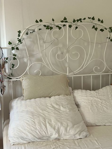 Bed Frame Inspo Aesthetic, White Metal Bed Frame Aesthetic, Metal Bed Aesthetic, Metal Bed Frame Aesthetic, Leirvik Bed Ideas Bedrooms, White Metal Bed Frame Bedroom Ideas, Aesthetic Bed Frame, Metal Bed Frame Bedroom Ideas, White Metal Headboard