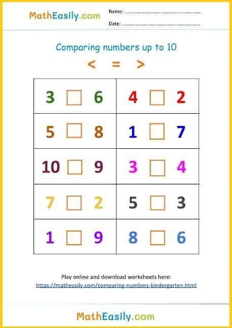 Singapore Math Kindergarten, Number Games Kindergarten, Numbers For Kindergarten, Comparing Numbers Kindergarten, Comparing Numbers Worksheet, Sequencing Activities Kindergarten, Compare Numbers, Number Worksheets Kindergarten, Kindergarten Math Free