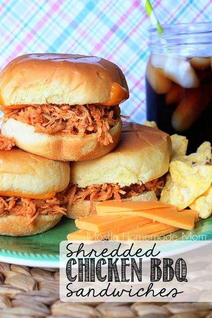 Mostly Homemade Mom: Shredded Chicken BBQ Sandwiches Bacon Ranch Dip, Shredded Chicken Sandwiches, Bbq Sandwiches, Shredded Chicken Crockpot, Shredded Bbq Chicken, Bbq Chicken Sandwich, Potato Rolls, Monte Cristo Sandwich, Leftover Rotisserie